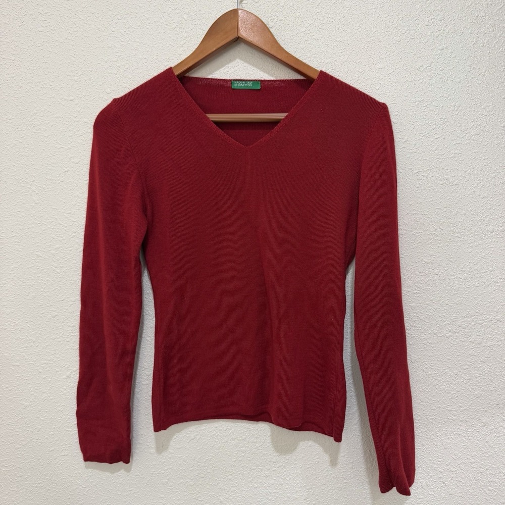 Made In Italy Of Benetton Red Wool Blend Vneck Pullover Sweater Women Size Small